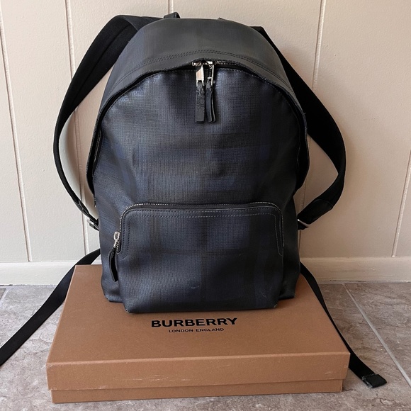 Burberry Leather Navy Blue Plaid Backpack - Picture 1 of 6